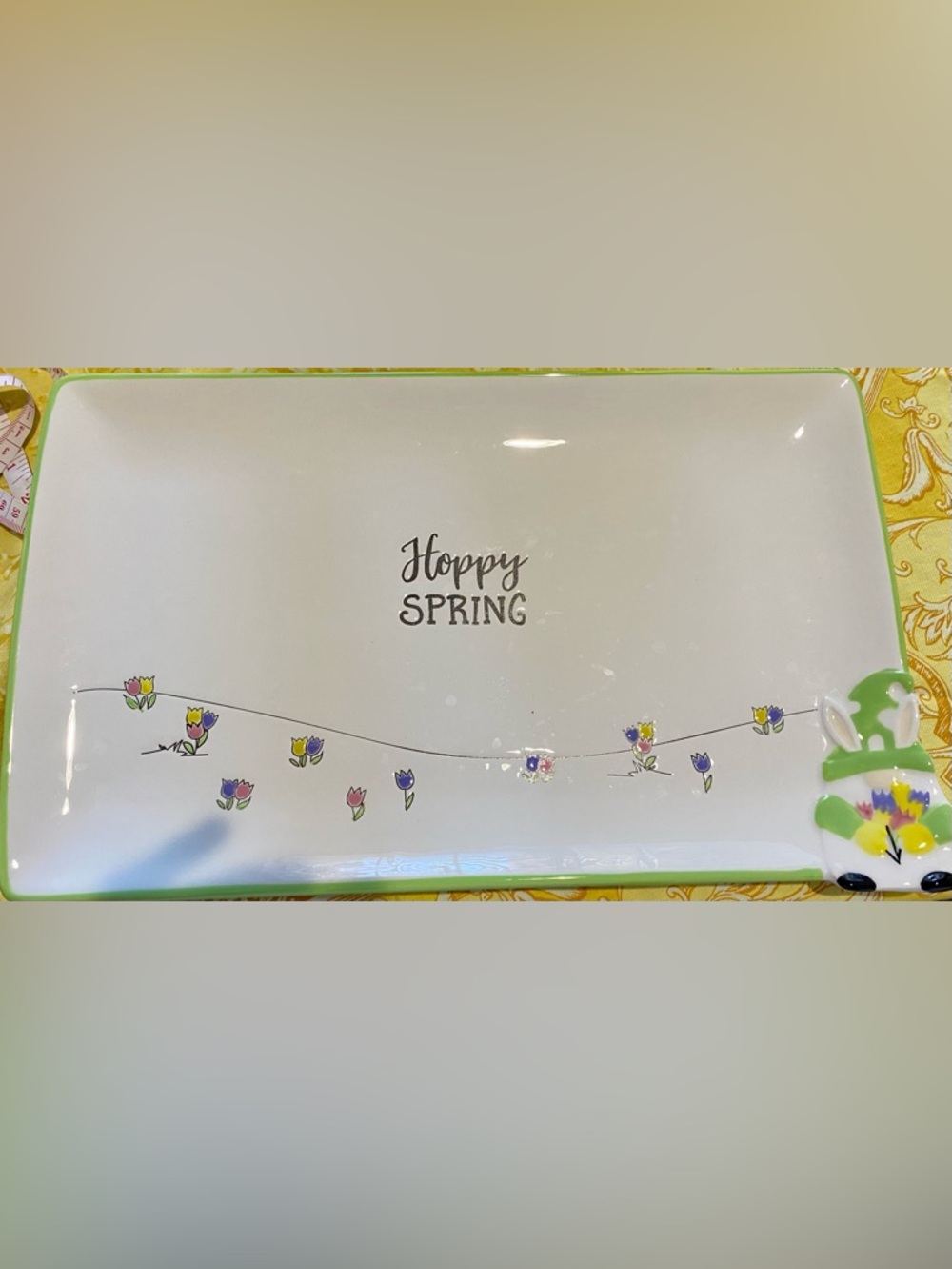 Tag “Hoppy Spring” Platter/Tray. White Shiny Ceramic W/Grey writing,Green Border